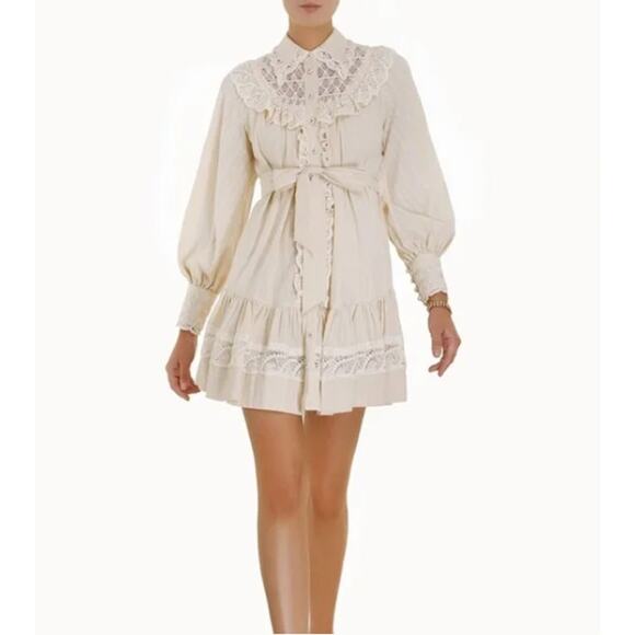Zimmermann Dress 6 Tempo Crotchet Trim Mini Cream Romantic Boho Retro Whimsical